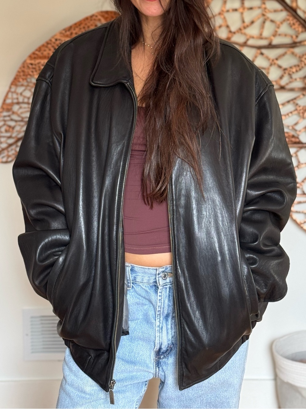 Vintage Black Leather Oversized Bomber Jacket Size - Picture 1 of 4